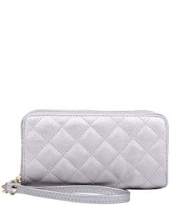 Quilted Double Zip Around Wallet Wristlet QW0012 PEWTER
